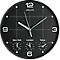 Schwarze Wanduhr mit silbernen Zeigern und drei kleinen Zifferblättern für verschiedene Zeitzonen. Die Uhr zeigt New York, London und Tokio an.