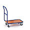 Blue cart with brown loading area. Four grey wheels, white background.