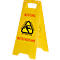 Gelbes Warnschild mit Aufschrift "Achtung Rutschgefahr". Dreieck mit fallender Person.