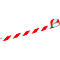 Red and white striped barrier tape, diagonally striped, with a roll in the background.