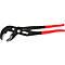Rohrzange in Schwarz mit roten Griffen, Zähne sichtbar. Aufgedruckter Schriftzug auf dem Werkzeug.