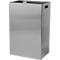 Gray, rectangular metal trash can, with handles on the sides.