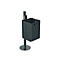 Grey trash can with a square shape, on a stand with a round foot. Handles on the side.