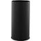 Black cylindrical trash can. Tall, straight sides. Slightly rounded at the base and top.