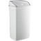 White trash can with a slightly curved lid. The lid has a knob to open it.