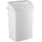 White swing-top trash can, rectangular. Lid with recessed handle.