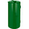 Green, cylindrical trash can with lid and two handles.