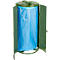 Green trash can with open doors, filled with a blue trash bag.