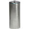 Cylindrical metal trash can with a lid. Gray, slightly textured surface and a gray lid with a black flap.