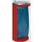 Red trash can with silver lid and blue trash bag.