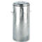 A gray, cylindrical metal trash can with a lid and handles. The lid has a small handle. The surface is slightly uneven.