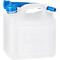 Witte jerrycan met blauwe dop, handvat en tuit. In reliëf: 'hinersdorff'.