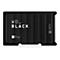 Schwarze externe Festplatte, die WD_BLACK und Xbox-Logo zeigt. Auf der Festplatte steht auch D10 Game Drive 3.5" HDD.