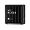Schwarze WD_BLACK Game Dock, Frontansicht. Aufschrift: WD_BLACK, Game Dock, NVMe SSD. Unterseite mit farbiger Beleuchtung.