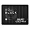 Schwarze WD_Black externe Festplatte. Aufdruck: WD_BLACK, Call of Duty Cold War. Geriffelte Oberfläche.