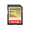 Une carte SD SanDisk Extreme PLUS noire, 64 Go. Impression : 170 Mo/s, logo Sandisk, lettrage rouge, fond doré.