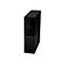 Disque dur externe noir de WD. Dessus avec fines rainures, bas avec rayures horizontales. Logo WD.