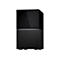 Disque dur externe noir avec logo "WD". Partie supérieure brillante, partie inférieure nervurée.