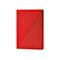 Disque dur externe rouge et rectangulaire avec logo WD, design à rainures diagonales.