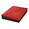 Disque dur externe rouge et rectangulaire. Dessus rainuré, logo en haut à gauche. Cadre noir.