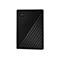 Schwarze externe Festplatte mit WD-Logo, diagonal geriffeltes Design.