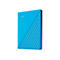 Hellblaue externe Festplatte mit WD-Logo, diagonalen Rillen auf der Vorderseite und schwarzem Rand.