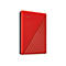 Rote externe Festplatte mit WD-Logo und geriffelter Oberfläche.