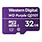 Une carte micro SD violette avec le texte Western Digital, WD Purple QD101 et 32 Go.