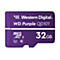 Eine violette Micro-SD-Karte mit weißer Aufschrift: Western Digital WD Purple QD101 32 GB.