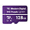 Eine violette MicroSD-Karte von Western Digital mit 128 GB Kapazität und der Aufschrift WD Purple QD101.