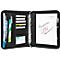 Black leather portfolio with zipper, notepad, pen holder, card slots, and writing utensils.