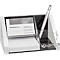 Clear plastic desk organizer with pen holder, notepad and business cards. A card reads "Max Mustermann."