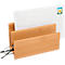 Bamboo letter tray with two compartments. A white letter with a stamp is in one compartment, and glasses in the other.