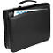 Black briefcase with handle and document. A white card with blue writing is in an outside pocket.