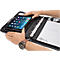 Person holding a black document case with an iPad. The case also has notepaper, a binder, and a charging cable.