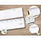 Opened notebook with weekly overview, spiral binding, brown wooden background. Detail views: doodle page, weekly planner.