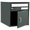 Dark gray mailbox, open door. Top slot, door with handle below. Key lock visible.