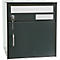 Dark gray mailbox with slot and door. Key in lock, stainless steel handle.