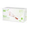 Witte handschoen afgebeeld op een doos. Gelabeld met "Nitril WHITE PLUS" en "100 stuks".