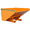 Orange tipping skip with yellow and black warning stripes, standing on a robust, yellow-orange construction.