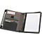 Open black leather portfolio with tablet, pens, notepad, pen holder, USB cable, and card slots.