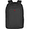 Schwarzer Rucksack mit rotem Kreuz-Logo. Blaue Ziernähte an der Front.