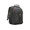 Schwarzer Rucksack mit mehreren Fächern, Griff und Schultergurten.