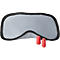 Masque de sommeil gris avec bordure noire et deux bouchons d'oreille rouges.