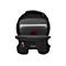 Schwarzer Rucksack, offen, mit Laptopfach und rotem Design. Sichtbar sind Schultergurte, Tragegriff und Seitentaschen.