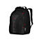 Schwarzer Rucksack mit roten Akzenten. Logo und Verzierungen. Tragegriff oben.