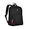 Schwarzer Rucksack mit rotem Reißverschluss, grauem Tragegriff und Logo.
