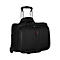 Black rolling suitcase with handle, wheels, and red logo. On a white background.