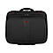 Black laptop bag with red logo and handle.