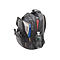 Schwarzer Rucksack, geÃ¶ffnet. BÃ¼cher, Ordner und eine Wasserflasche sind sichtbar.